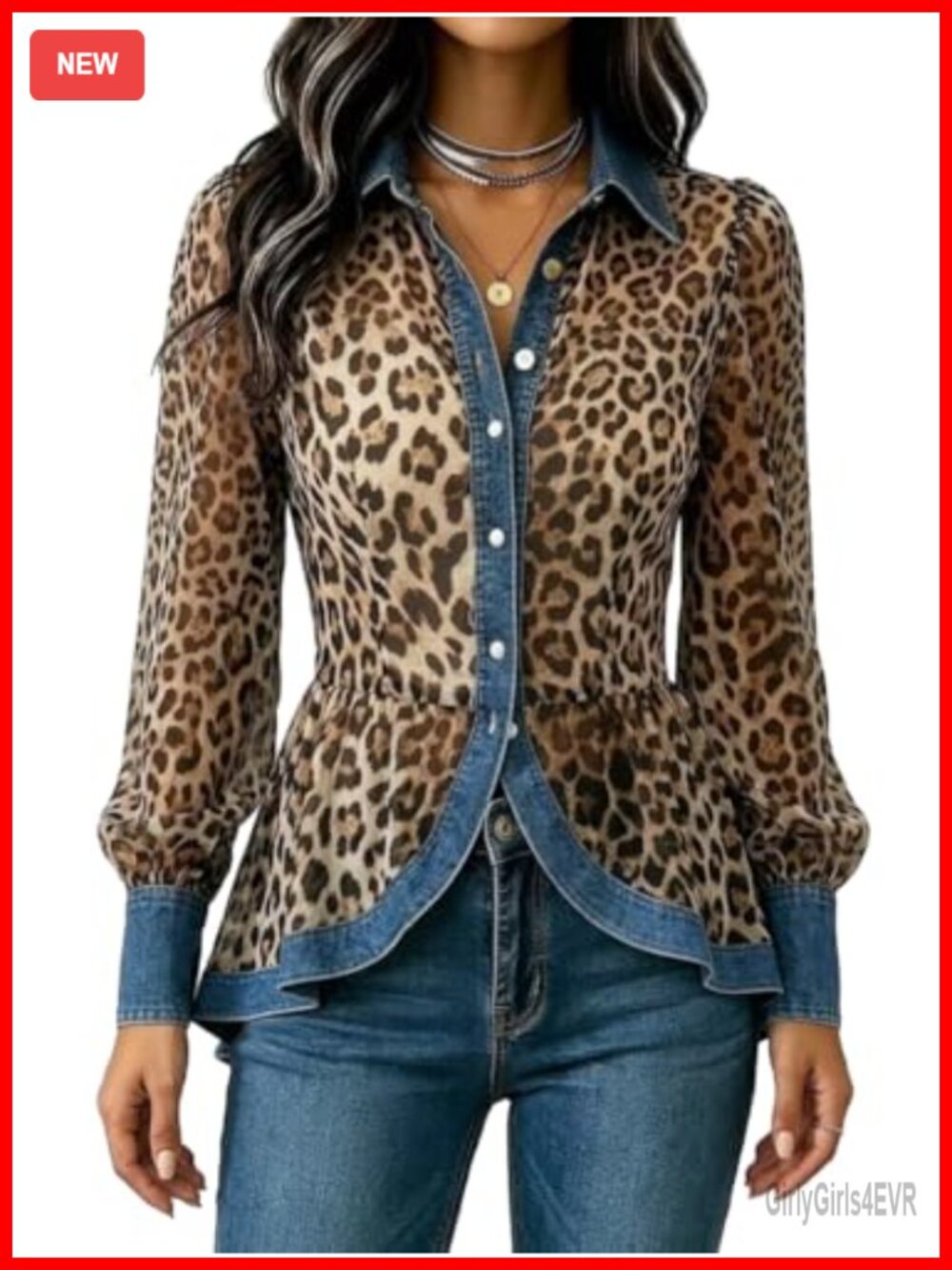 Leopard Print Denim Trim Button Down Shirt Long Sleeve Ruched Top